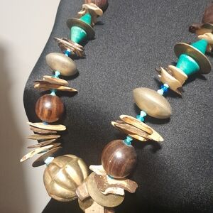 Vintage Handcrafted Wooden Necklace with Brass and Turquoise Accents